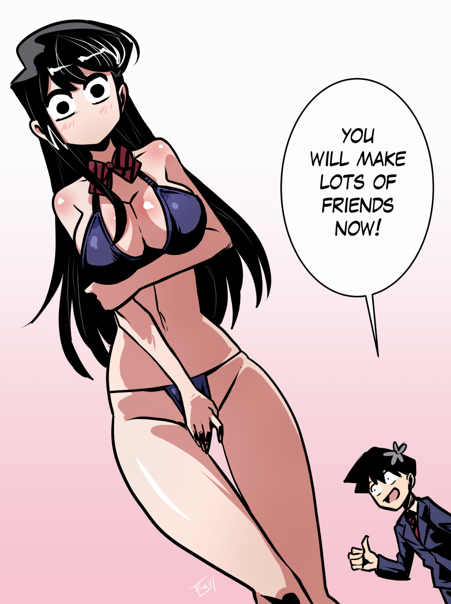 1boy 1girl arm_under_breasts bare_arms bare_legs bare_shoulders bikini black_bikini black_eyes black_hair bow bowtie breasts cleavage commentary covering_crotch covering_privates diagonal-striped_bow diagonal-striped_bowtie diagonal-striped_clothes english_commentary english_text gradient_background komi-san_wa_komyushou_desu komi_shouko kukuruyo large_breasts long_hair navel no_mouth pink_background red_bow red_bowtie simple_background solo_focus speech_bubble striped_clothes swimsuit tadano_hitohito thigh_gap thumbs_up white_background