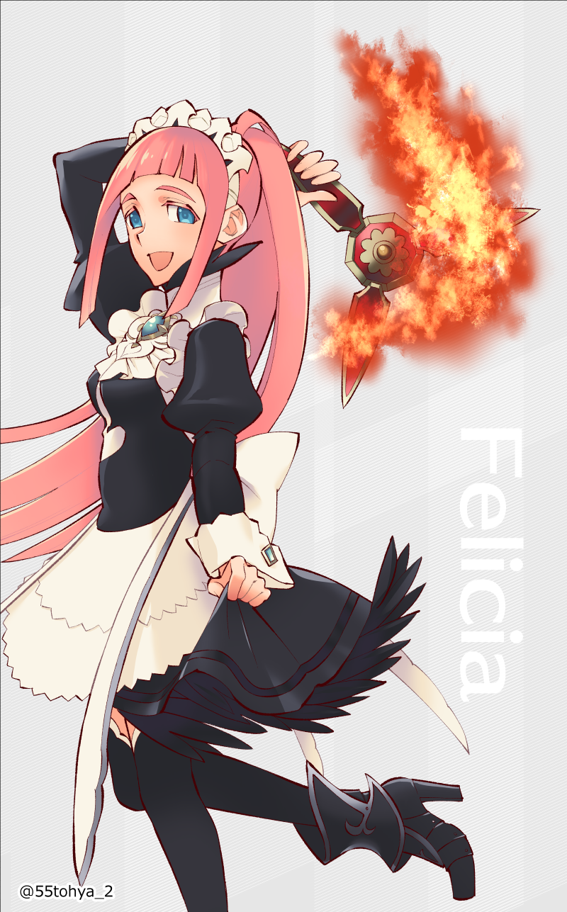 1girl 55tohya apron blue_eyes bridal_gauntlets character_name feather_trim felicia_(fire_emblem) fire_emblem fire_emblem_fates highres holding holding_shuriken holding_weapon long_hair maid maid_apron maid_headdress nintendo open_mouth pink_hair ponytail shuriken smile solo twitter_username weapon