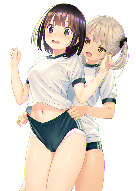 2girls adjusting_buruma adjusting_clothes blonde_hair blush breasts brown_eyes brown_hair buruma cowboy_shot green_buruma gym_shirt gym_uniform koutaro long_hair multiple_girls navel open_mouth original panties panties_under_buruma pink_panties purple_eyes shirt short_sleeves simple_background small_breasts t-shirt underwear white_background white_shirt