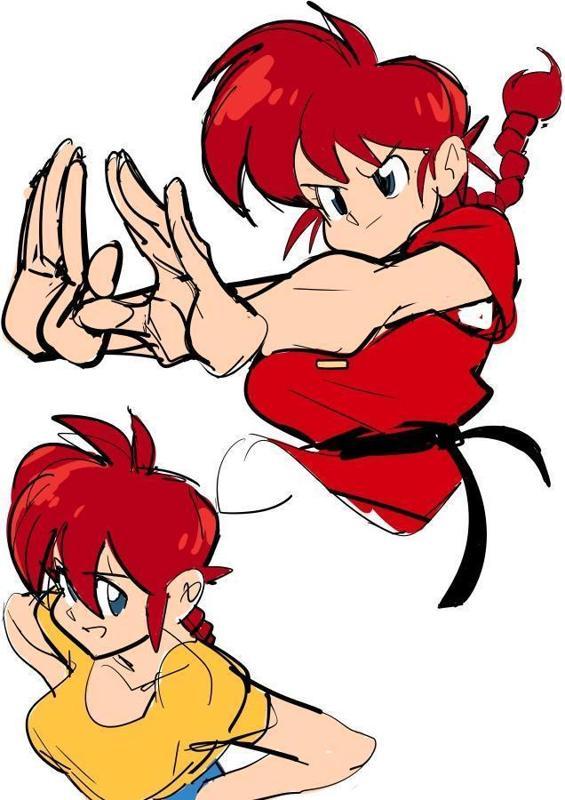 1boy 1girl barefoot blue_eyes braid chinese_clothes genderswap genderswap_(mtf) ranma-chan ranma_1/2 red_hair saotome_ranma shirt simple_background single_braid tangzhuang watatanza white_background