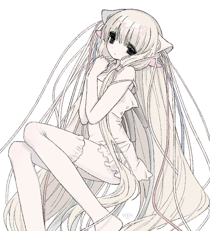 1girl blonde_hair blue_eyes cable chii chobits closed_mouth dress feet_out_of_frame hand_up hands_up long_hair low-tied_sidelocks lowres robot_ears simple_background sleeveless sleeveless_dress solo spaghetti_strap thighhighs u_emper very_long_hair white_background white_dress white_thighhighs