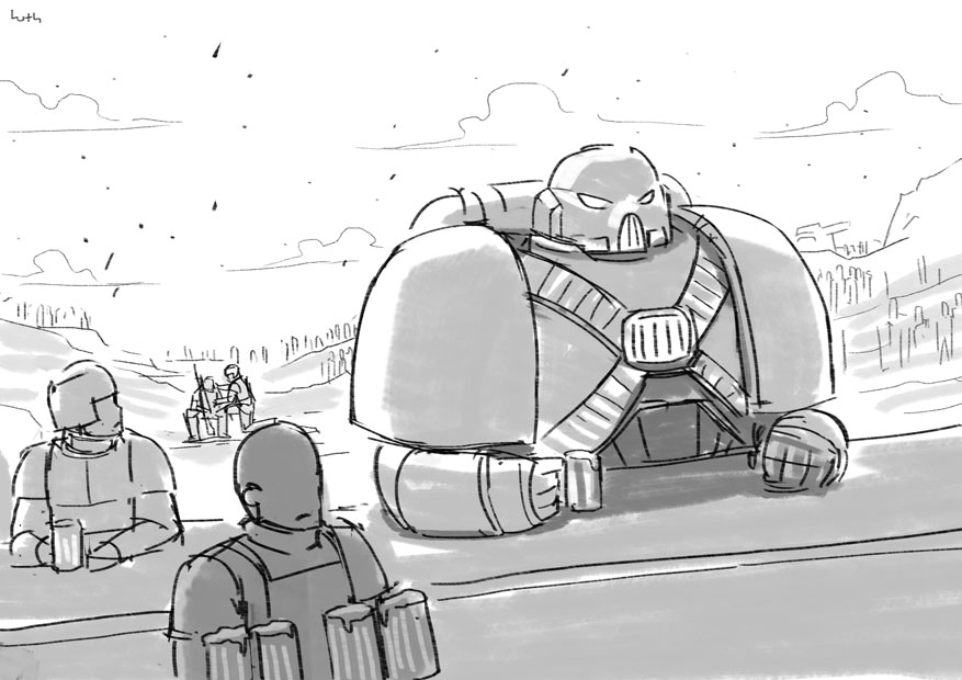 alcohol armor bar_(place) beer drink greyscale helmet astra_militarum lutherniel monochrome monochrome multiple_boys power_armor adeptus_astartes warhammer_40k