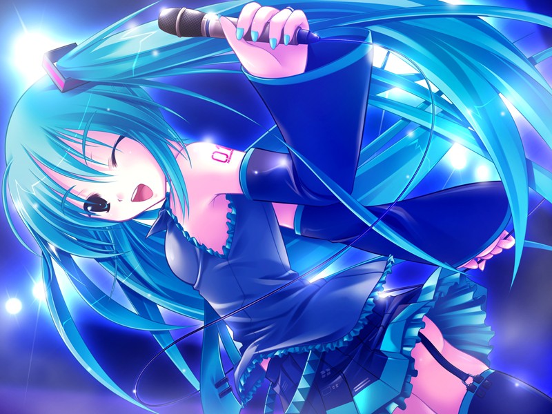 1girl amino amino_kohaku aqua_eyes aqua_hair aqua_nails detached_sleeves female_focus game_cg hatsune_miku long_hair microphone nail_polish one_eye_closed open_mouth skirt smile solo thighhighs twintails vocaloid wink zettai_ryouiki