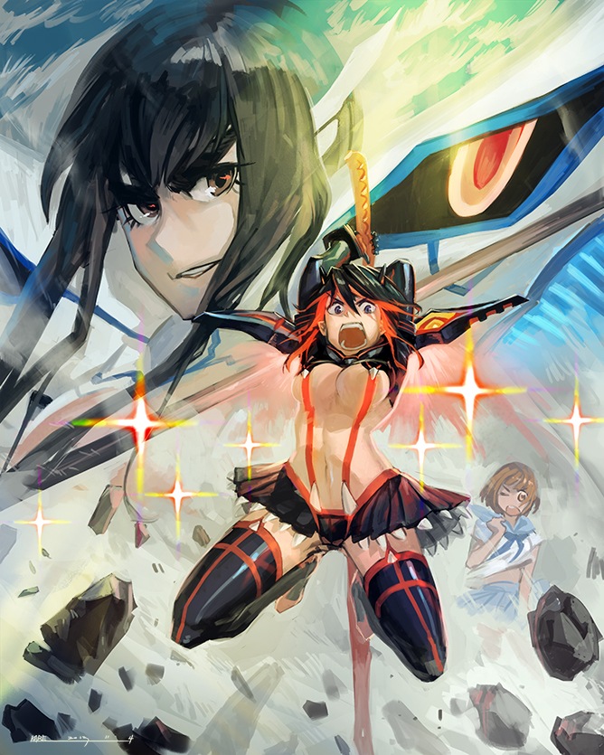 3girls breasts eyebrows junketsu karepack kill_la_kill kiryuuin_satsuki large_breasts mankanshoku_mako matoi_ryuuko midriff multiple_girls open_mouth revealing_clothes senketsu sword thighhighs tommy830219 weapon