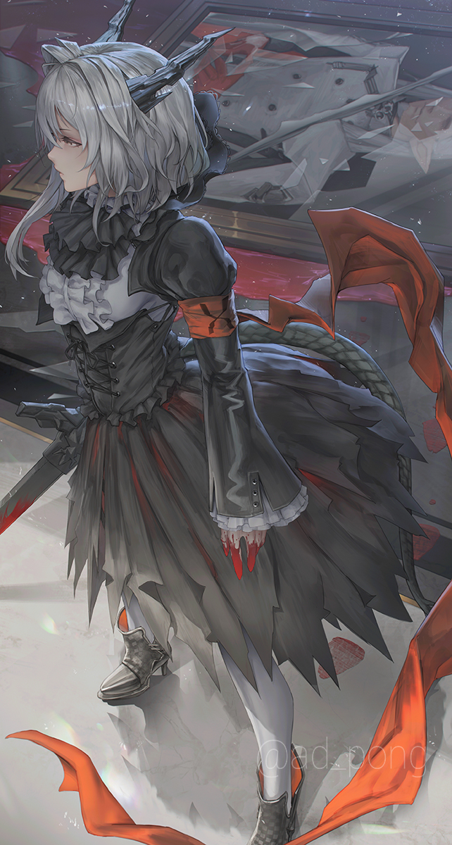 1girl adpong arknights ascot black_dress black_footwear black_horns blood blood_on_hands bloody_weapon dragon_girl dragon_horns dragon_tail dress duke_kashchey_(arknights) gloves grey_hair hair_intakes highres holding holding_sword holding_weapon horns long_sleeves medium_hair orange_armband painting_(object) pantyhose pointy_ears portrait_(object) red_gloves reunion_logo_(arknights) shirt signature stone_floor sword tail talulah_(arknights) weapon white_pantyhose white_shirt yellow_eyes