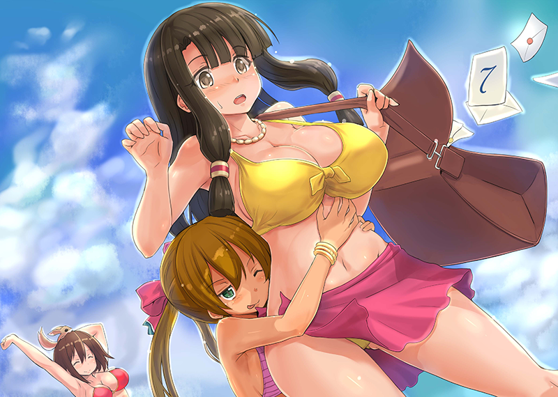 10s 3girls ;p amy_(suisei_no_gargantia) armpits arms_up bag bare_shoulders bead_necklace beads bikini black_hair blonde_hair blunt_bangs blush bow bracelet breasts brown_hair cleavage cloud cloudy_sky collarbone cowboy_shot day female_pervert grabbing_from_behind green_eyes hair_bow hair_tubes itou_ryuusei jewelry large_breasts letter long_hair melty_(suisei_no_gargantia) messenger_bag multiple_girls navel necklace nose_blush one_eye_closed open_mouth pervert pink_bow red_bikini saaya_(suisei_no_gargantia) sarong shoulder_bag sideboob sidelocks sky stomach stretching striped_bikini striped_clothes suisei_no_gargantia surprised sweat swimsuit tongue tongue_out wardrobe_malfunction yellow_bikini yellow_eyes