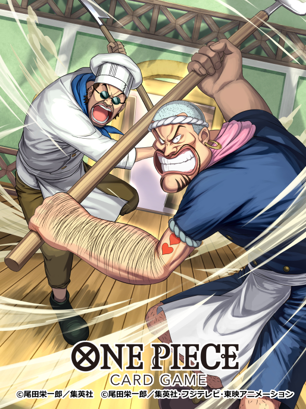 2boys aiming aiming_at_viewer apron arm_hair arm_tattoo black_footwear blue_neckerchief brown_hair buzz_cut carne chef_hat clenched_teeth commentary_request copyright_name earrings hat holding jewelry leg_hair male_focus multiple_boys neckerchief official_art one_piece one_piece_card_game open_mouth patty_(one_piece) pink_neckerchief sennsu shirt short_hair smoke sunglasses t-shirt tattoo teeth very_short_hair