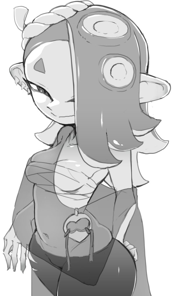 1girl breasts capelet chest_sarashi cowboy_shot ear_piercing greyscale hair_over_one_eye hand_on_own_hip inarou_(rakugakiproject) long_hair looking_at_viewer medium_breasts monochrome navel nintendo octoling piercing sarashi shiver_(splatoon) smile solo splatoon_(series) splatoon_3 tentacle_hair thick_thighs thighs wide_hips