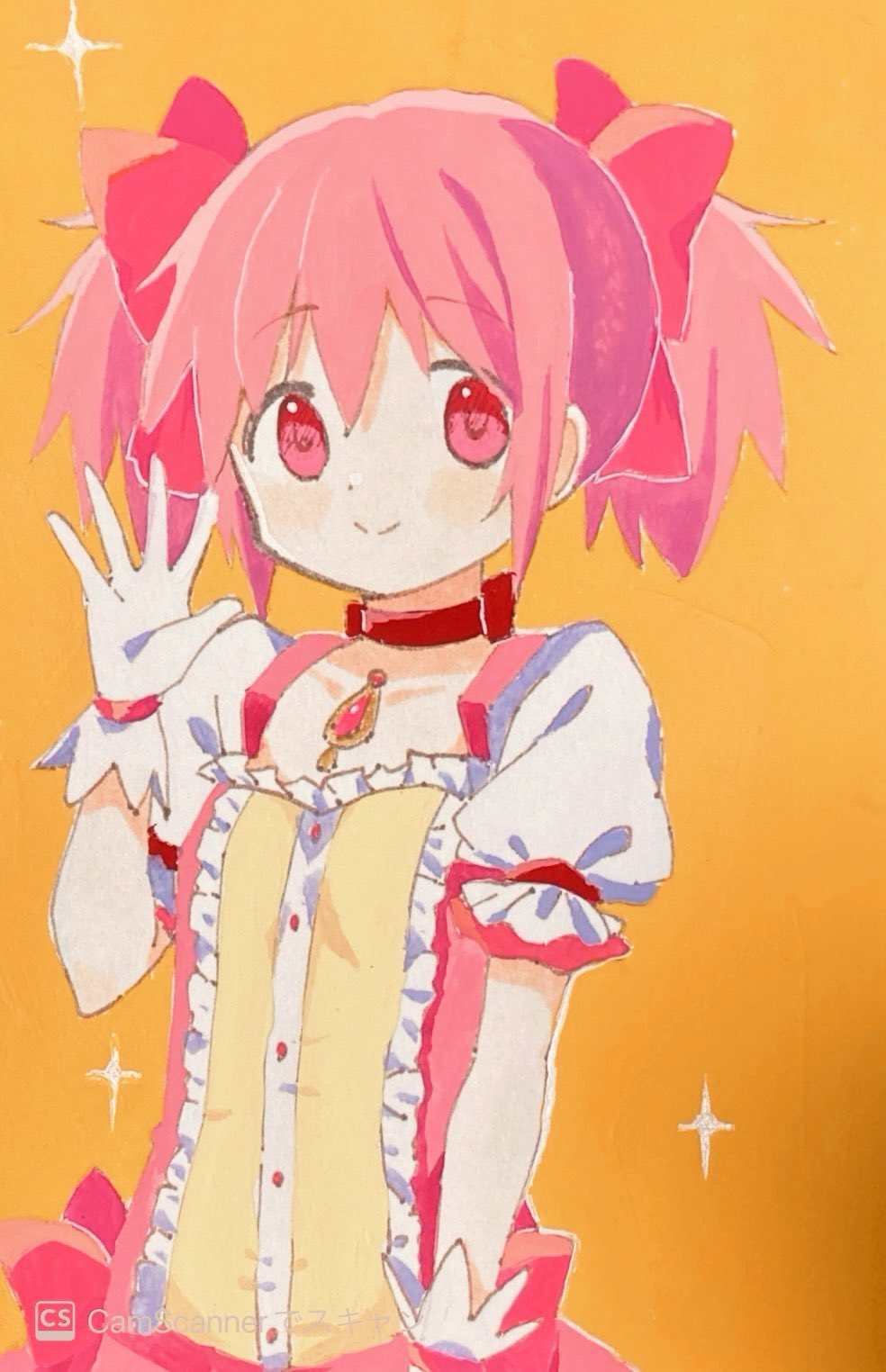 1girl bow center_frills choker commentary frills gloves hair_bow hand_up highres kaname_madoka kaname_madoka_(magical_girl) looking_at_viewer mahou_shoujo_madoka_magica mahou_shoujo_madoka_magica_(anime) orange_background pink_eyes pink_hair ribbon_choker ruru_(rurumagi) short_sleeves smile solo soul_gem twintails waving