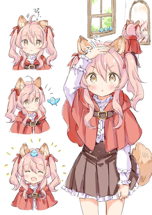 1girl :d :o ^_^ ahoge animal animal_ear_fluff animal_ears animal_on_head arm_up bird blush bow brown_eyes brown_skirt capelet center_frills closed_eyes closed_mouth commentary_request fang frilled_skirt frilled_sleeves frills hair_between_eyes hair_bow hood hood_down hooded_capelet long_hair long_sleeves mirror multiple_views on_head open_mouth original parted_lips pink_hair pleated_skirt red_bow red_capelet reflection shirt simple_background skirt smile tail translation_request twintails v-shaped_eyebrows wataame27 wavy_mouth white_background white_shirt window wolf-chan_(wataame27) wolf_ears wolf_girl wolf_tail