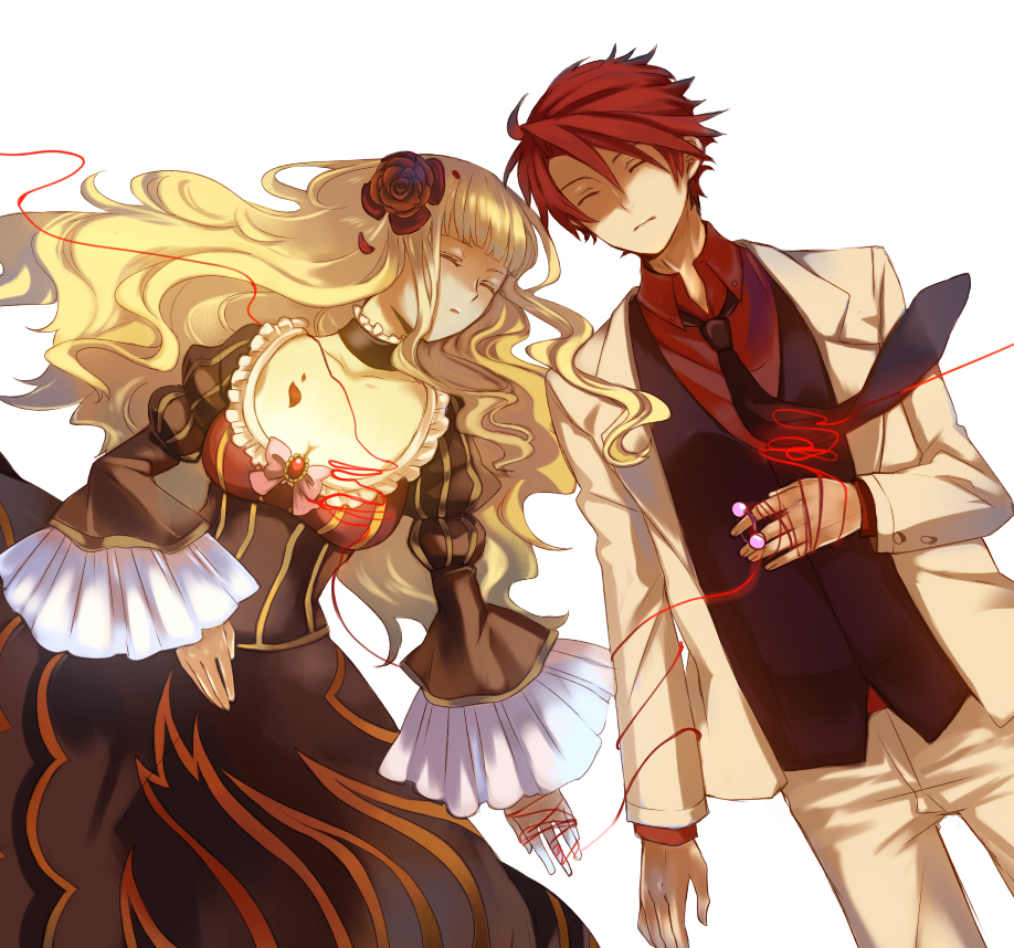 00s 1boy 1girl beatrice_(umineko) blonde_hair bow breasts choker dress flower frills long_hair nanamura necktie pink_bow red_hair short_hair string string_of_fate umineko_no_naku_koro_ni ushiromiya_battler