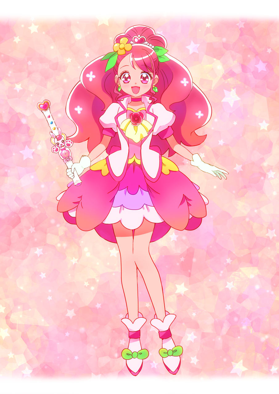 1girl ankle_boots ascot boots choker commentary cure_grace dress earrings flower flower_brooch full_body gloves green_ribbon hair_flower hair_ornament hair_ribbon hanadera_nodoka healin&#039;_good_precure healing_stick heart heart_hair_ornament highres jacket jewelry kyanos_(b_0000ff) leaf_earrings long_hair looking_at_viewer magical_girl open_mouth pink_background pink_boots pink_choker pink_dress pink_eyes pink_hair pink_jacket pink_theme precure puffy_short_sleeves puffy_sleeves rabirin_(precure) ribbon short_dress short_sleeves smile solo standing star_(symbol) white_gloves wide_ponytail yellow_ascot yellow_flower