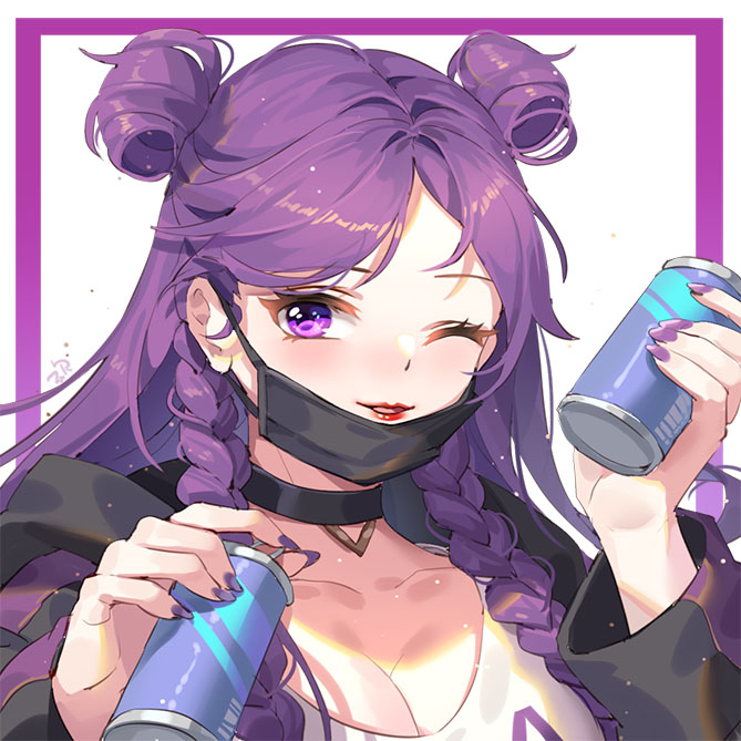 1girl double_bun jacket k/da_(league_of_legends) k/da_kai&#039;sa kai&#039;sa kan_(rainconan) league_of_legends lipstick makeup mask mouth_mask nail_polish one_eye_closed purple_eyes purple_hair purple_jacket solo spray_can