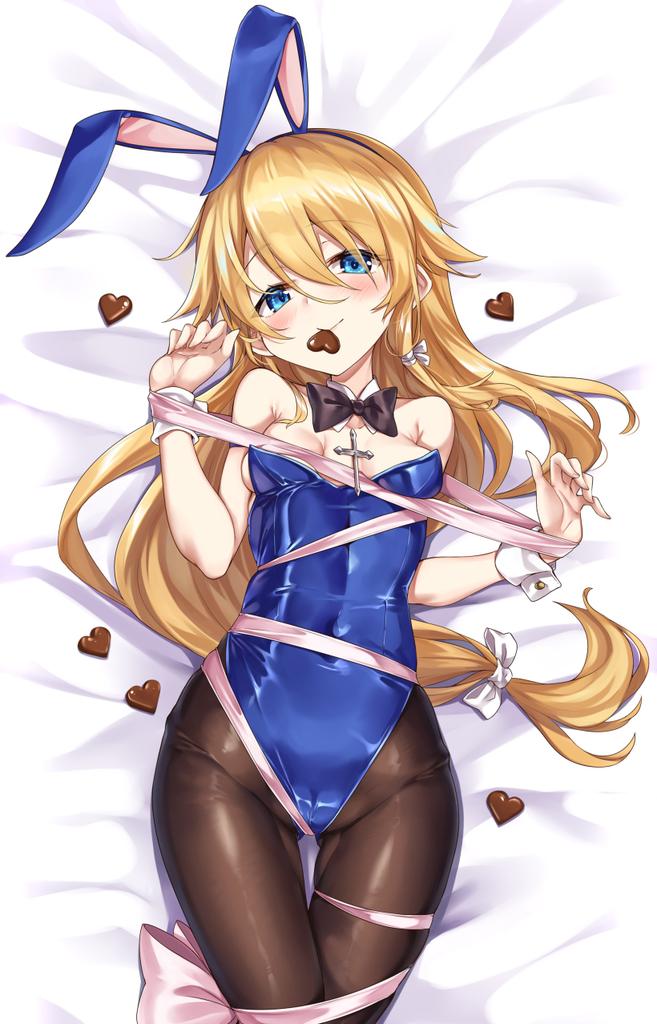 1girl animal_ears black_pantyhose blonde_hair blue_eyes blush bound bow bowtie breasts candy chocolate chocolate_heart covered_navel detached_collar fake_animal_ears food gluteal_fold hair_between_eyes hairband heart ks_(xephyrks) leotard long_hair low-tied_long_hair lying magi_in_wanchin_basilica mouth_hold on_back pantyhose playboy_bunny rabbit_ears ribbon ribbon_bondage small_breasts solo thigh_gap very_long_hair wrist_cuffs xiao_ma