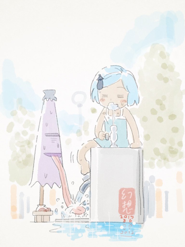 1girl blue_hair drinking eggplant fountain gensoukoumuten geta singlet tan tatara_kogasa tongue touhou umbrella water