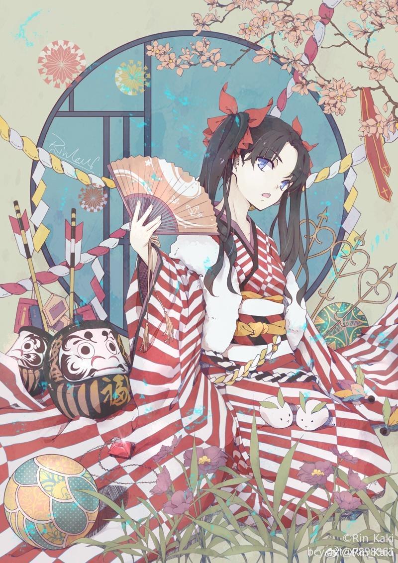 1girl artist_name ball black_hair blue_eyes cherry_blossoms fate/stay_night fate_(series) female_focus gem hair_ribbon hand_fan japanese_clothes kimono long_hair looking_at_viewer obi open_mouth parted_bangs ribbon rin_kaki sash seiza sitting snow_rabbit solo temari_ball tohsaka_rin twintails wide_sleeves