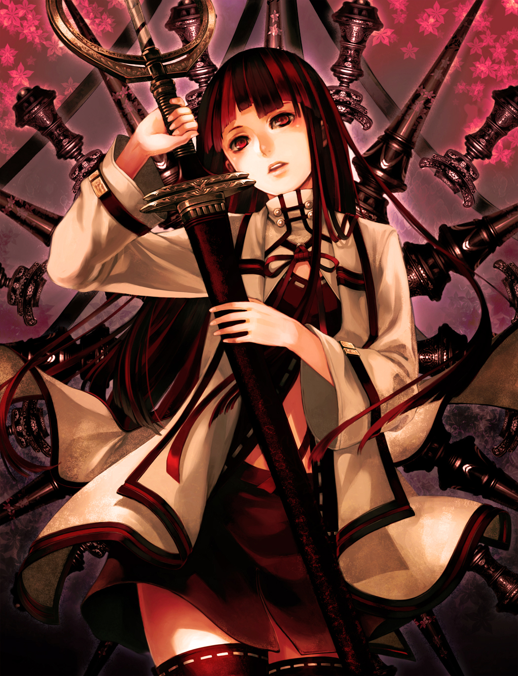 1girl bad_id bad_pixiv_id brown_hair comin female_focus highres long_hair original red_eyes skirt solo sword thighhighs weapon