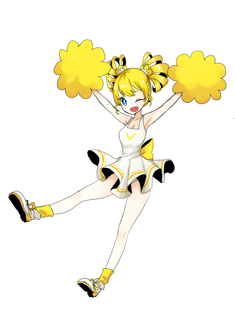 1girl bad_id bad_pixiv_id blonde_hair blue_eyes cheerleader creatures_(company) dancing fang female_focus game_freak gen_7_pokemon miyako0306 nintendo one_eye_closed oricorio oricorio_(pom-pom) personification pokemon pokemon_sm pom_pom_(cheerleading) shoes short_hair skirt sneakers socks solo twintails