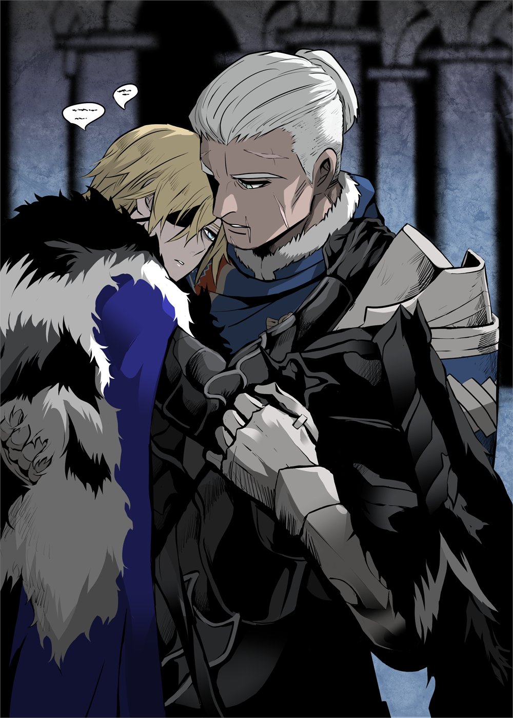 2boys armor armored_legwear black_armor black_fur blonde_hair blue_cape blue_eyes cape carrying commentary_request cowboy_shot dark-skinned_male dark_skin dedue_molinaro dimitri_alexandre_blaiddyd eye_contact eyepatch facial_scar fire_emblem fire_emblem:_three_houses fur-trimmed_cape fur-trimmed_collar fur_trim gauntlets greaves green_eyes hair_between_eyes hair_slicked_back hand_on_another&#039;s_shoulder head_on_another&#039;s_shoulder highres looking_at_another male_focus megubiru multiple_boys nintendo one_eye_covered parted_lips pillar ponytail princess_carry scar scar_on_cheek scar_on_face short_ponytail speech_bubble white_fur white_hair yaoi