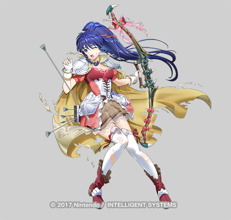 1girl ankle_boots armor arrow_(projectile) blue_eyes blue_hair boots bow_(weapon) bracelet braid breasts cape cleavage collar collarbone copyright_notice corset faulds fingerless_gloves fire_emblem fire_emblem:_the_sacred_stones fire_emblem_heroes frills full_body gloves grey_background high_heel_boots high_heels high_ponytail holding holding_bow_(weapon) holding_weapon jewelry long_hair medium_breasts mikurou_(nayuta) nintendo official_art one_eye_closed open_mouth ponytail puffy_short_sleeves puffy_sleeves quiver short_sleeves shoulder_armor sidelocks simple_background skirt solo tana_(fire_emblem) tana_(soaring_princess)_(fire_emblem) thighhighs torn_cape torn_clothes weapon zettai_ryouiki