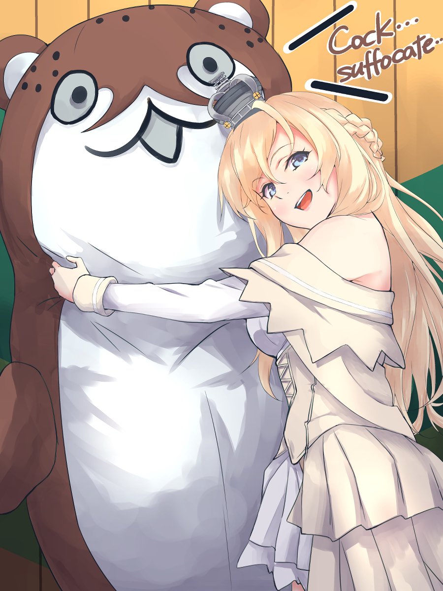 1girl 1other blonde_hair blue_eyes bokukawauso braid cowboy_shot crown dress english_text hairband half_up_braid highres hug kantai_collection long_hair long_sleeves looking_at_viewer mascot mini_crown off-shoulder_dress off_shoulder open_mouth original otter shingyou_(alexander-13) smile teeth uchida_shuu upper_teeth_only voice_actor_connection warspite_(kancolle) white_dress