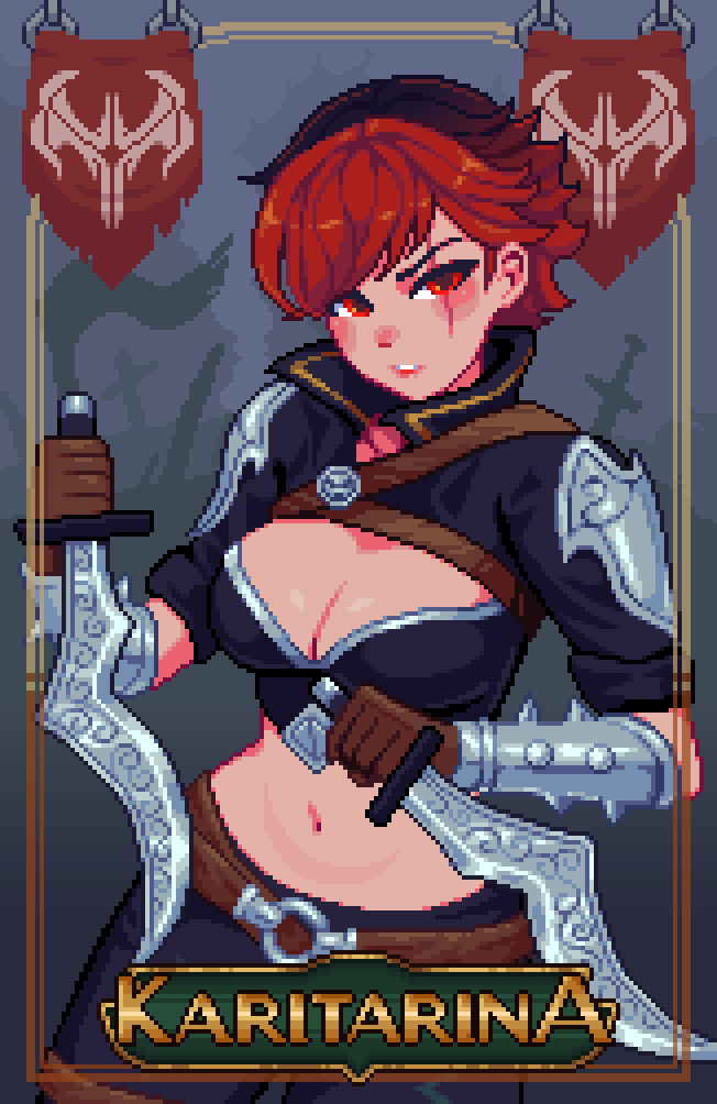 1girl breasts card_(medium) character_name cleavage cowboy_shot dagger dual_wielding holding holding_dagger holding_knife holding_weapon kari_kozhevnikova knife looking_at_viewer medium_breasts midriff navel pixel_art red_eyes red_hair scar scar_across_eye short_hair solo weapon yumykon yumyverse