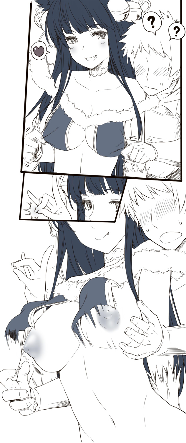 10s 1boy 1girl ? animal_ears bell blush breasts comic erune faceless faceless_male fang fox_shadow_puppet gran_(granblue_fantasy) granblue_fantasy greyscale hair_bell hair_ornament hand_gesture heart hetero highres jingle_bell long_hair monochrome motion_blur nipples open_mouth silent_comic smile speech_bubble spoken_heart yuel_(granblue_fantasy) zanzi