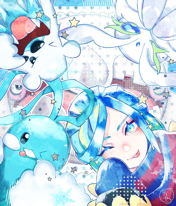 1boy altaria aqua_eyes beartic blue_hair blue_mittens blue_scarf cetitan closed_mouth commentary_request creatures_(company) eyelashes frosmoth game_freak gen_3_pokemon gen_5_pokemon gen_8_pokemon grusha_(pokemon) hand_up jacket looking_at_viewer male_focus mittens nekominaminoriya nintendo one_eye_closed pokemon pokemon_(creature) pokemon_sv scarf smile star_(symbol) striped_clothes striped_scarf tongue tongue_out yellow_jacket