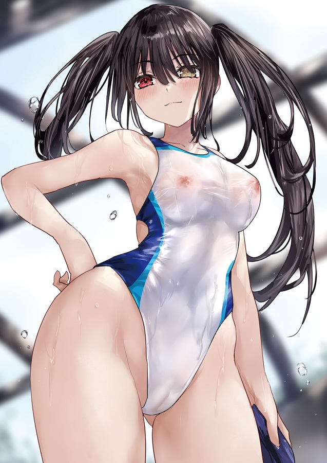 1girl armpits asle black_hair blue_one-piece_swimsuit breasts cameltoe clock_eyes closed_mouth comiket_104 covered_erect_nipples cowboy_shot date_a_live gluteal_fold groin hair_between_eyes hand_on_own_hip heterochromia indoors large_breasts long_hair looking_at_viewer multicolored_clothes multicolored_swimsuit one-piece_swimsuit red_eyes smile swimsuit symbol-shaped_pupils thighs tokisaki_kurumi twintails uneven_twintails wet white_one-piece_swimsuit yellow_eyes