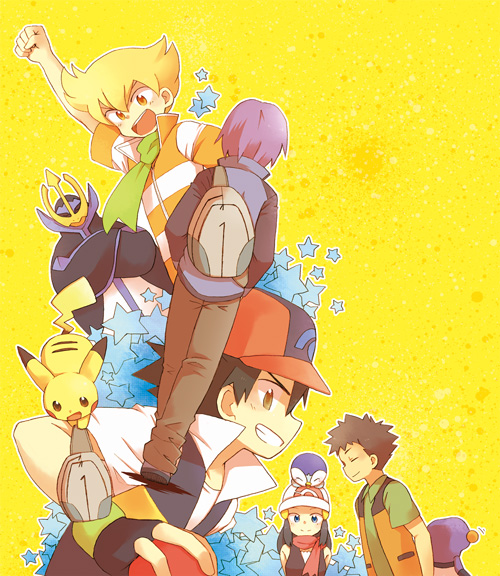 1girl 4boys ash_ketchum backpack bag barry_(pokemon) baseball_cap black_hair blonde_hair blue_hair brock_(pokemon) brown_eyes brown_hair clenched_hand commentary creatures_(company) croagunk crossed_arms dawn_(pokemon) empoleon facial_mark game_freak gen_1_pokemon gen_4_pokemon green_scarf hat holding holding_poke_ball jacket long_sleeves multiple_boys nintendo orange_eyes paul_(pokemon) pikachu pink_scarf piplup poke_ball pokemon pokemon_(anime) pokemon_(creature) pokemon_dppt_(anime) purple_hair scarf shirt short_sleeves sleeveless smile star_(symbol) tsukushi_(clunker) white_shirt yellow_background