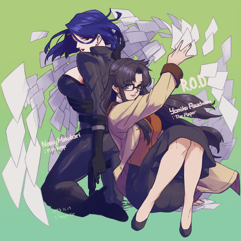 2girls black_hair blue_eyes blue_hair breasts character_name glasses gradient_background gun hair_intakes holding holding_gun holding_paper holding_weapon kneeling large_breasts long_hair long_skirt long_sleeves messy_hair multiple_girls nancy_makuhari necktie paper parted_bangs read_or_die red_neckwear simple_background sitting skirt smile suzuki_hayase vest waistcoat weapon yomiko_readman