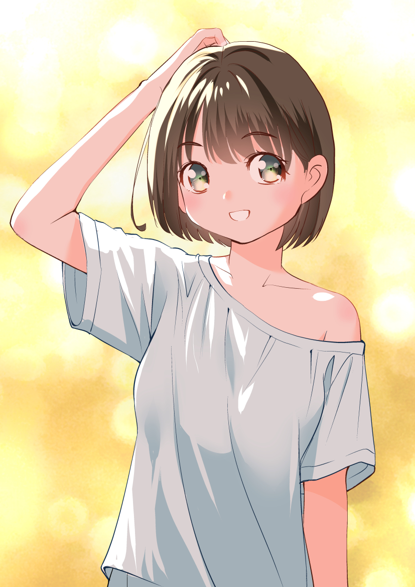 1girl bob_cut brown_eyes brown_hair collarbone hand_on_own_head off_shoulder original shirt short_hair single_bare_shoulder smile solo standing white_shirt yamanaka_kouji_(yanchiki2001) yellow_background