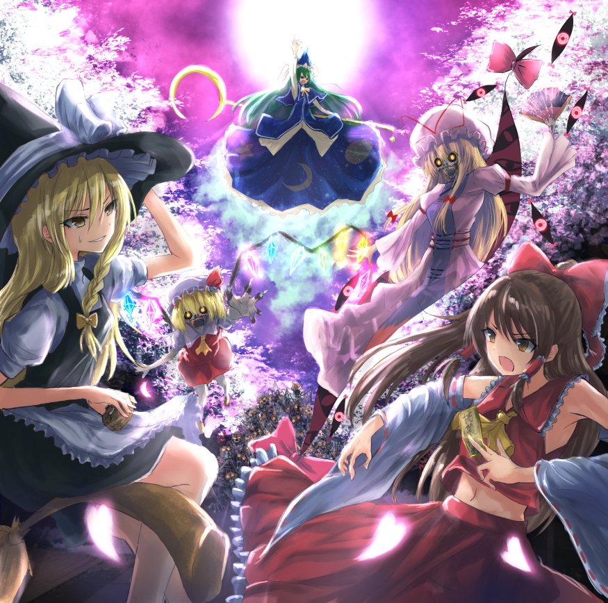 album_cover apron armpits ascot bare_shoulders black_dress blonde_hair blue_bow blue_cape blue_capelet blue_headwear blue_shirt blue_skirt bow bowtie braid broom broom_riding brown_eyes brown_hair buttons cape capelet cherry_blossoms collared_shirt cover crescent_moon crystal detached_sleeves dress fang flandre_scarlet frilled_bow frilled_dress frilled_shirt_collar frilled_skirt frills gap_(touhou) gensokyo ghost_tail green_hair hair_bow hair_tubes hakurei_reimu half_updo hat hat_bow hat_ribbon japanese_clothes juliet_sleeves kirisame_marisa long_hair long_sleeves medium_hair miko mima_(touhou) mini-hakkero mob_cap moon nontraditional_miko open_mouth petticoat puffy_short_sleeves puffy_sleeves purple_bow purple_dress purple_moon red_bow red_shirt red_skirt red_vest ribbon ribbon-trimmed_sleeves ribbon_trim shirt short_hair short_sleeves sidelocks skirt skirt_set sleeveless sleeveless_shirt staff tabard touhou touhou_(pc-98) vest waist_apron white_bow white_dress white_ribbon white_shirt wide_sleeves wings witch_hat wizard_hat yakumo_yukari yellow_bow yellow_eyes yellow_neckwear yotuba_mokoh_(benzenex) zombie