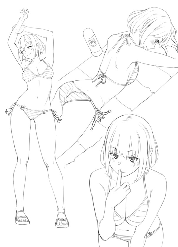 1girl ^_^ ass back bikini breasts cleavage closed_eyes cowboy_shot finger_to_mouth full_body lineart lotion lying medium_breasts monochrome multiple_views navel on_stomach original profile ryuuta_(msxtr) sandals short_hair side-tie_bikini_bottom smile striped_bikini striped_clothes sunscreen swimsuit