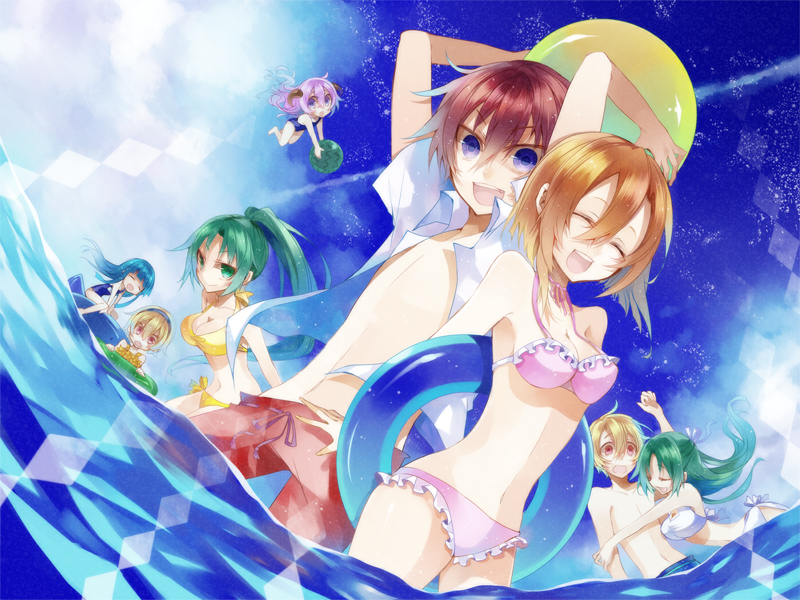 2boys 6+girls arms_up artist_request bad_id bad_pixiv_id ball beachball bikini blonde_hair blue_hair breasts brown_hair closed_eyes furude_rika green_eyes green_hair hairband hanyuu higurashi_no_naku_koro_ni horns houjou_satoko houjou_satoshi innertube kudan long_hair maebara_keiichi multiple_boys multiple_girls ocean one-piece_swimsuit open_mouth ponytail purple_eyes purple_hair red_eyes ribbon ryuuguu_rena school_swimsuit short_hair siblings sisters smile sonozaki_mion sonozaki_shion swim_ring swimsuit twins water