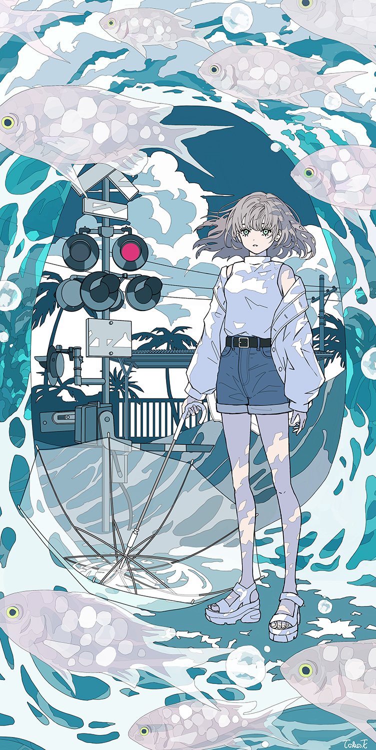 1girl aqua_eyes belt black_belt coat fish grey_hair highres long_hair long_sleeves original parted_lips sandals seraphitalg shirt shirt_tucked_in sleeveless sleeveless_shirt solo standing transparent transparent_umbrella tree umbrella white_coat white_footwear white_shirt wide_shot