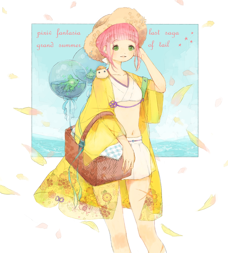 1girl balloon copyright_name day fish flat_chest floral_print goldfish green_eyes hand_up hat leaf mayukinaco midriff navel outdoors picnic_basket pink_hair pixiv_fantasia pixiv_fantasia_last_saga sakurako_(pixiv_fantasia_last_saga) scar scar_on_arm scar_on_leg see-through_clothes short_hair short_short solo straw_hat water