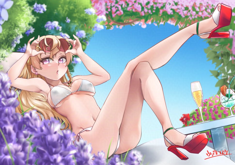 1girl alternate_costume artist_name bikini blonde_hair breasts brown_eyes champagne_flute commentary_request cup drink drinking_glass dutch_angle eyewear_on_head flower high_heels kantai_collection long_hair medium_breasts platform_footwear solo sunglasses swimsuit toeless_footwear udukikosuke white_bikini zara_(kancolle)