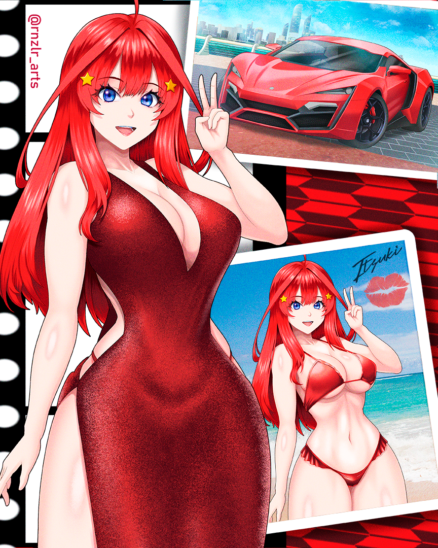 1girl blue_eyes breasts car cleavage cocktail_dress cowlick dress fast_&amp;_furious formal furious_7 go-toubun_no_hanayome hair_ornament imrinzlergtz_art large_breasts looking_at_viewer motor_vehicle nakano_itsuki red_dress red_hair solo sports_car star_(symbol) star_hair_ornament the_fast_and_the_furious v w_motors w_motors_lykan_hypersport