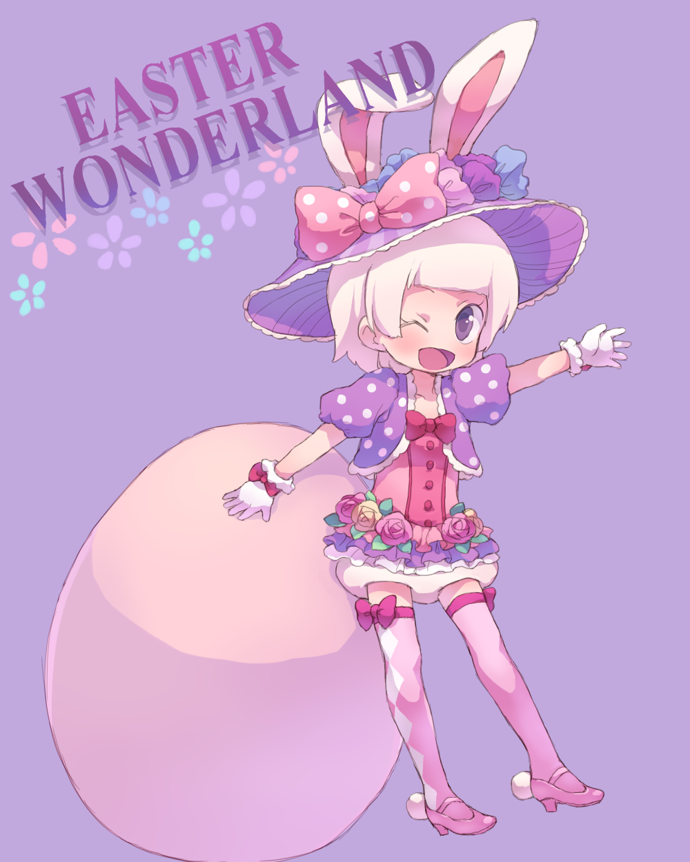 1girl animal_ears bow disney disneyland easter easter_wonderland end_bunny_(disney) flower frills full_body gloves hair_flower hair_ornament hat high_heels highres one_eye_closed pantyhose rabbit_ears short_hair smile solo thighhighs tonkatsu_raamen white_hair