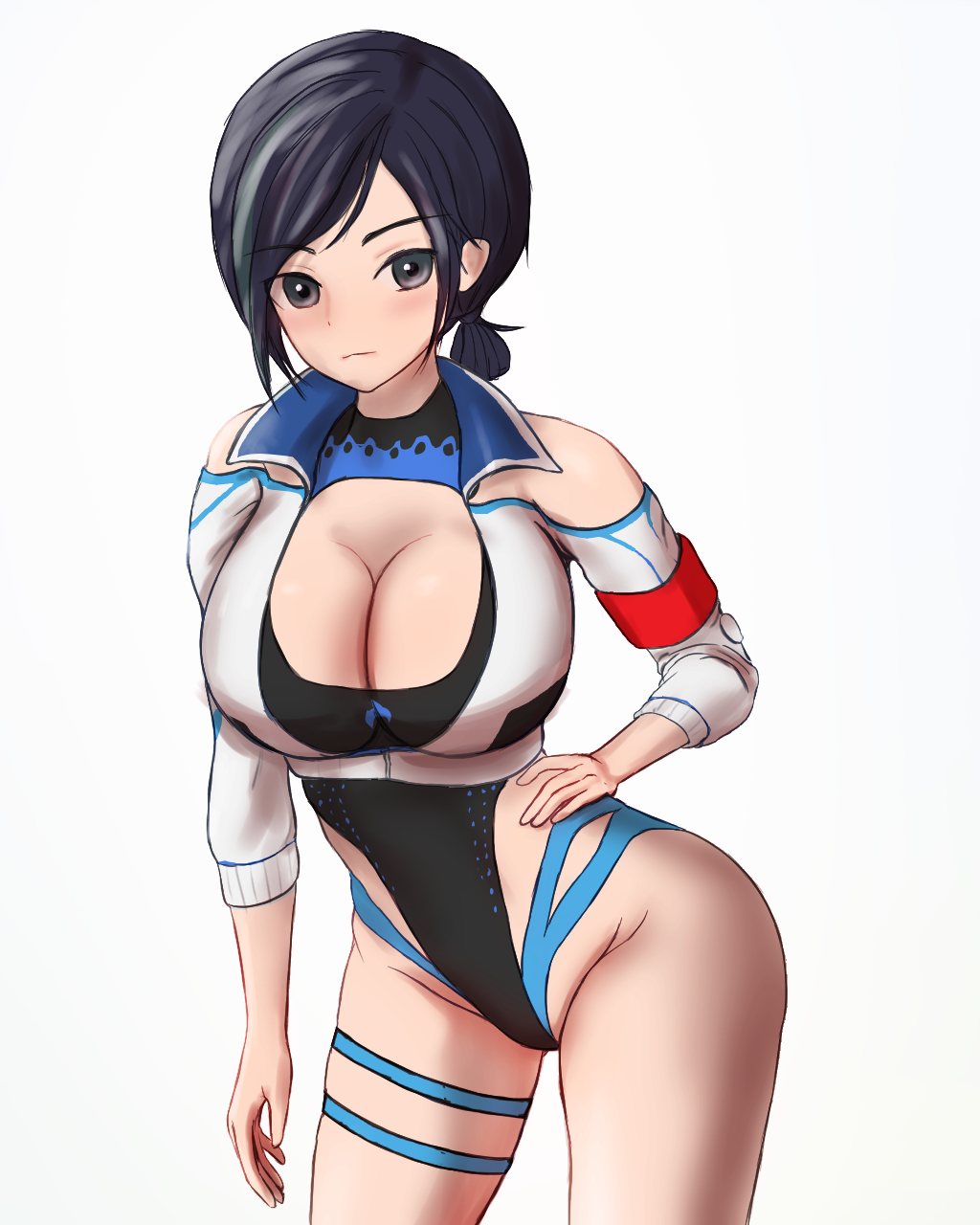 armband cleavage_cutout clothing_cutout competition_swimsuit cowboy_shot cropped_jacket dead_or_alive dead_or_alive_xtreme dead_or_alive_xtreme_venus_vacation hand_on_own_hip one-piece_swimsuit reika_(doa) simple_background skindentation swimsuit tagme yu_level