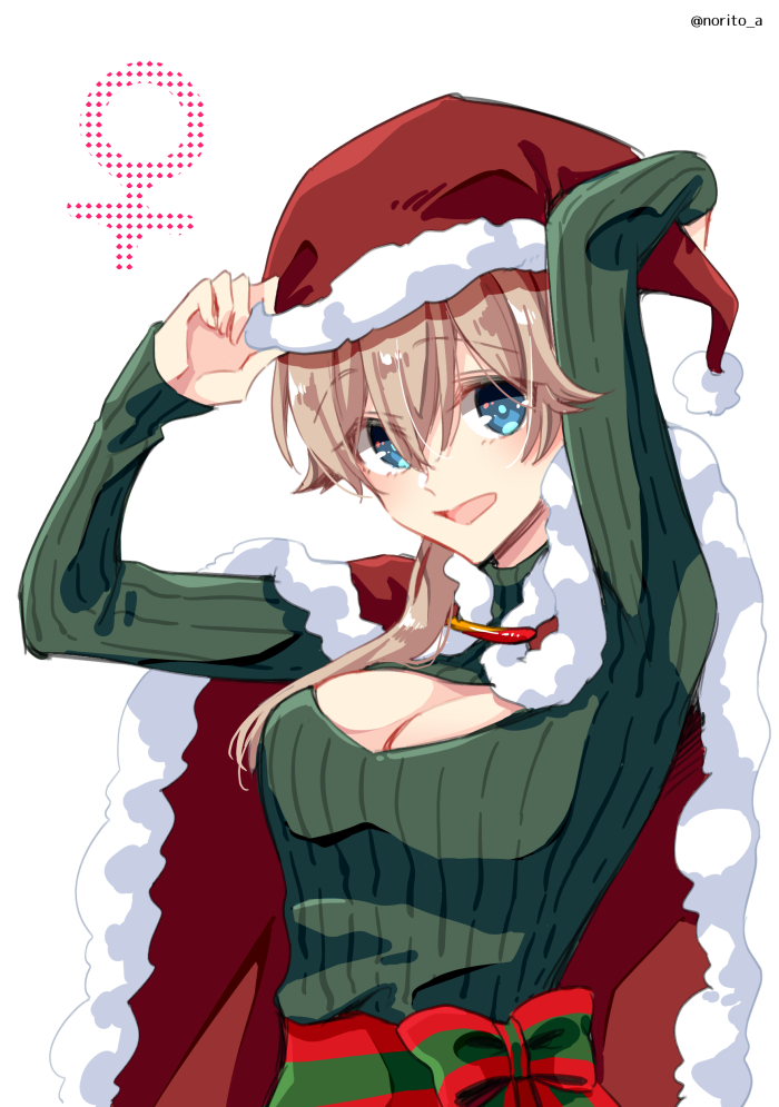 1girl asazuki_norito blonde_hair blue_eyes breasts cape cleavage cleavage_cutout clothing_cutout commentary_request fur-trimmed_cape fur_trim green_sweater hair_over_shoulder hat medium_breasts mikami_nagisa mikami_nagisa_(female) open_mouth ponytail red_cape santa_hat sleeves_past_wrists smile solo sweater turtleneck turtleneck_sweater twitter_username venus_symbol zenbu_kimi_no_sei