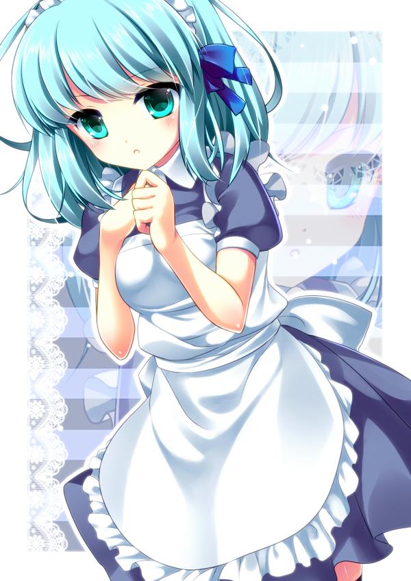 1girl aqua_hair black_thighhighs blue_hair blush female_focus long_hair maid maid_headdress nametakenoko original short_hair solo thighhighs totsuka_(kapadaizin)