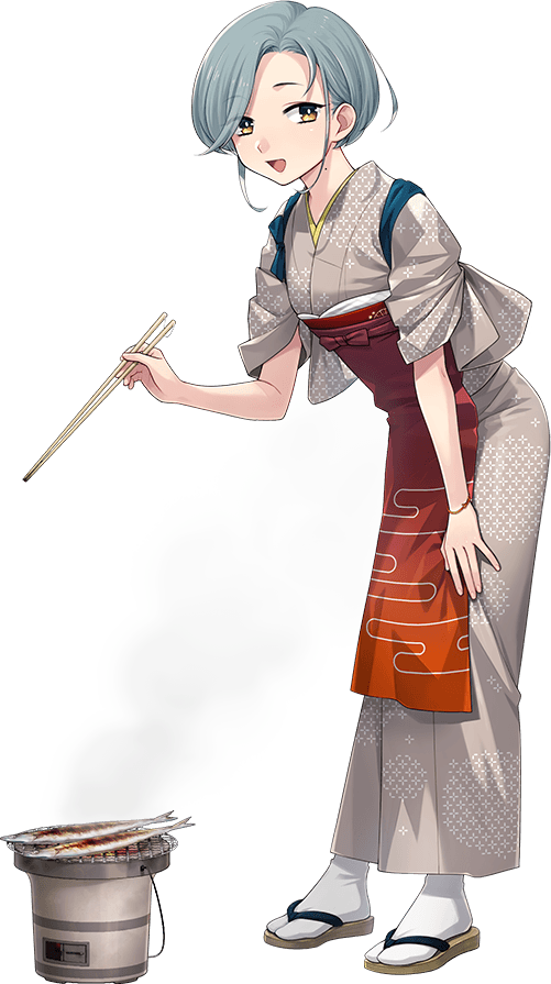 1girl apron cloud_print fish forehead fujikawa geta gradient_apron grey_hair grey_kimono grill japanese_clothes kantai_collection kimono leaning_forward looking_at_viewer mole mole_on_neck official_alternate_costume official_art red_apron sandals shichirin short_hair smile socks solo standing swept_bangs tabi tamanami_(kancolle) tamanami_(saury_festival)_(kancolle) tasuki transparent_background variant_set white_socks yellow_eyes