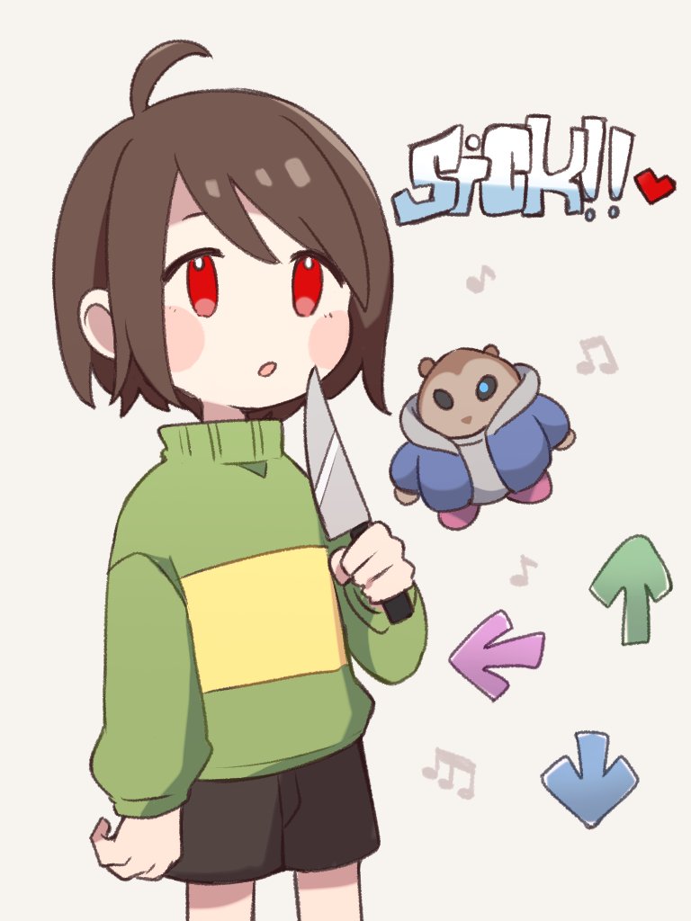 1other :o ahoge alvin_and_the_chipmunks arm_at_side arrow_(symbol) black_shorts bob_cut brown_hair chamoy_(meme) chara_(undertale) commentary_request cosplay friday_night_funkin&#039; grey_background hair_between_eyes hand_up heart holding holding_knife knife long_sleeves meme musical_note nano_mochi no_pupils open_mouth puffy_long_sleeves puffy_sleeves red_eyes sans_(undertale) sans_(undertale)_(cosplay) short_hair shorts simple_background theodore_seville undertale