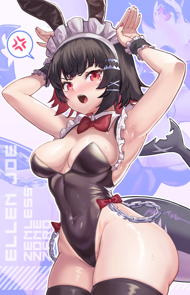 1girl alternate_costume animal_ears armpits arms_up ass black_hair black_leotard breasts bunny_day cleavage colored_inner_hair cowboy_shot detached_collar ellen_joe fingernails fins fish_tail freeze-ex hair_between_eyes hair_ornament hairclip large_breasts leotard maid_headdress multicolored_hair nail_polish open_mouth rabbit_ears red_eyes red_hair shark_girl shark_tail sharp_teeth short_hair sidelocks solo sweatdrop tail teeth thighs two-tone_hair zenless_zone_zero