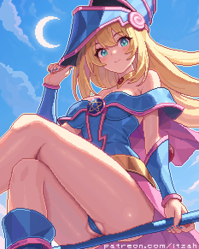 1girl ass bare_shoulders blonde_hair blush breasts cameltoe cleavage cleft_of_venus dark_magician_girl duel_monster green_eyes hat itzah long_hair medium_breasts panties partially_visible_vulva pixel_art smile solo thighs thong underwear upskirt yu-gi-oh!