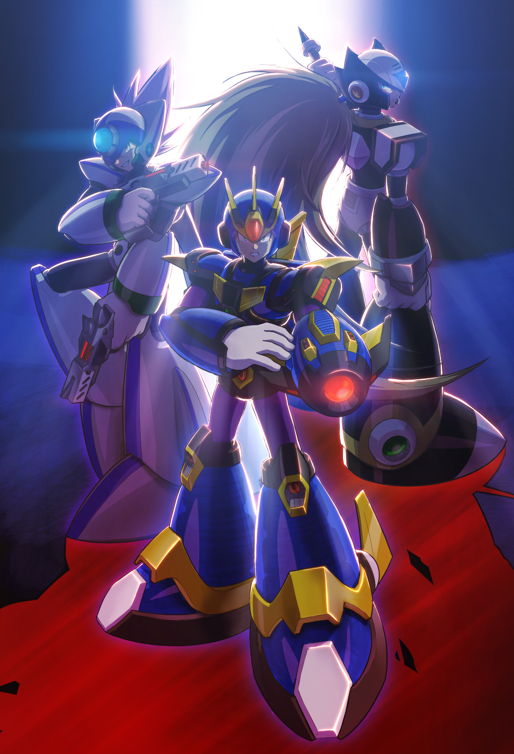 3boys arm_cannon armor axl_(mega_man) black_armor black_helmet black_zero_(mega_man) blue_armor finger_on_trigger forehead_jewel full_body group_picture gun helmet highres holding holding_gun holding_weapon hoshi_mikan male_focus mega_man_(series) mega_man_x_(series) multiple_boys ultimate_armor_x_(mega_man) weapon white_armor white_axl_(mega_man) white_helmet x_(mega_man) z_saber zero_(mega_man)