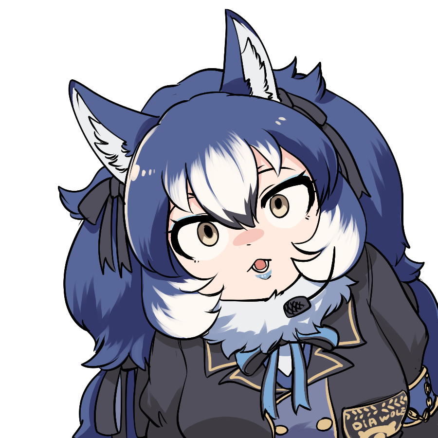 1girl animal_ears blue_hair bow bowtie dire_wolf_(kemono_friends) extra_ears grey_eyes jacket kemono_friends kemono_friends_v_project lipstick long_hair looking_at_viewer makeup mcgunngu microphone parted_lips ribbon scarf solo transparent_background twintails upper_body virtual_youtuber wolf_ears wolf_girl