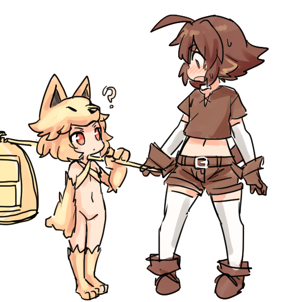 2girls ? ahoge animal_feet animal_hands bell belt blush boots bottomless bra brown_belt brown_eyes brown_footwear brown_gloves brown_hair brown_shirt chaiko_(rori_(4chan)) closed_mouth commentary_request criss-cross_halter crossover expressionless fox_girl fox_hat full_body gloves halterneck holding holding_staff looking_at_another looking_to_the_side midriff moonlight_flower multiple_girls navel open_mouth orange_eyes original ragnarok_online rori_(4chan) shirt short_hair short_sleeves simple_background staff standing thighhighs underwear white_background white_thighhighs yellow_bra